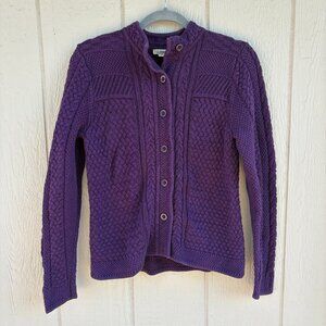 L.L. Bean Cable Knit Sweater Cardigan Womens Medium Purple Fisherman Coastal